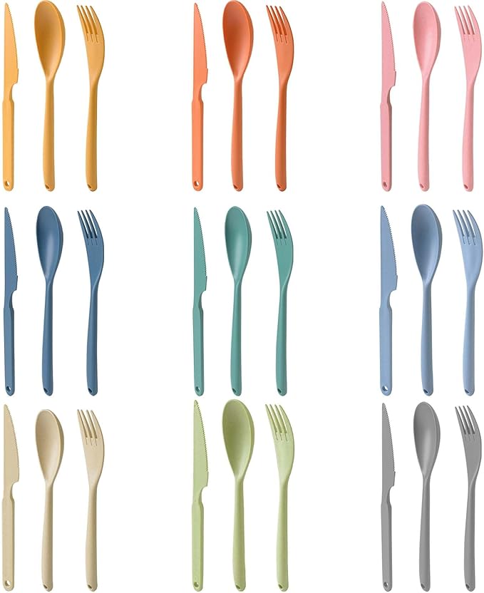 Large Reusable Plastic Compartments with Knives, Forks and Spoons, 9 Colours Portable Camping Utensils Tableware for Adult...