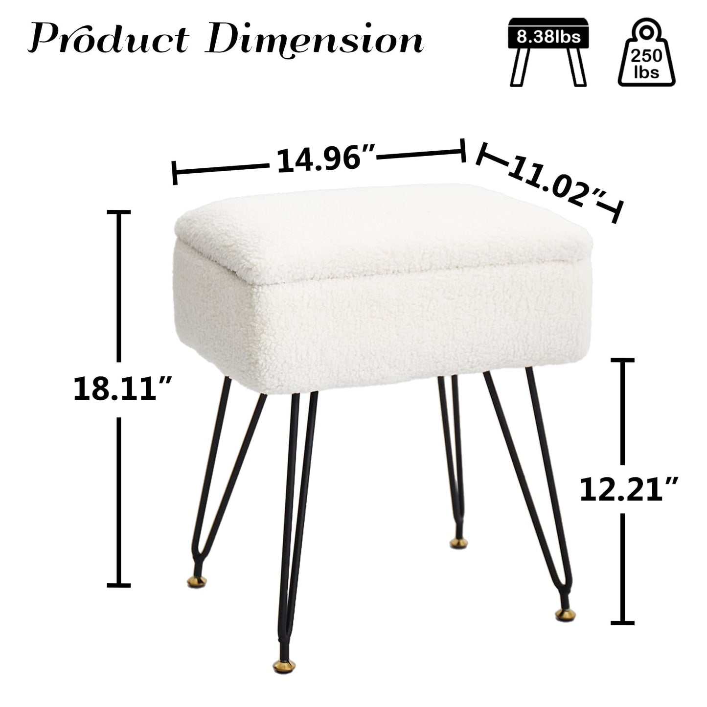 Leesingdo Vanity Stool Chair, Faux Teddy Fur Ottoman Foot Stool with Metal Legs & Adjustable Black Feet, Flip Top Storage Makeup Chair with Soft Padded Seat, Foot Rest for Makeup Room Bedroom, White