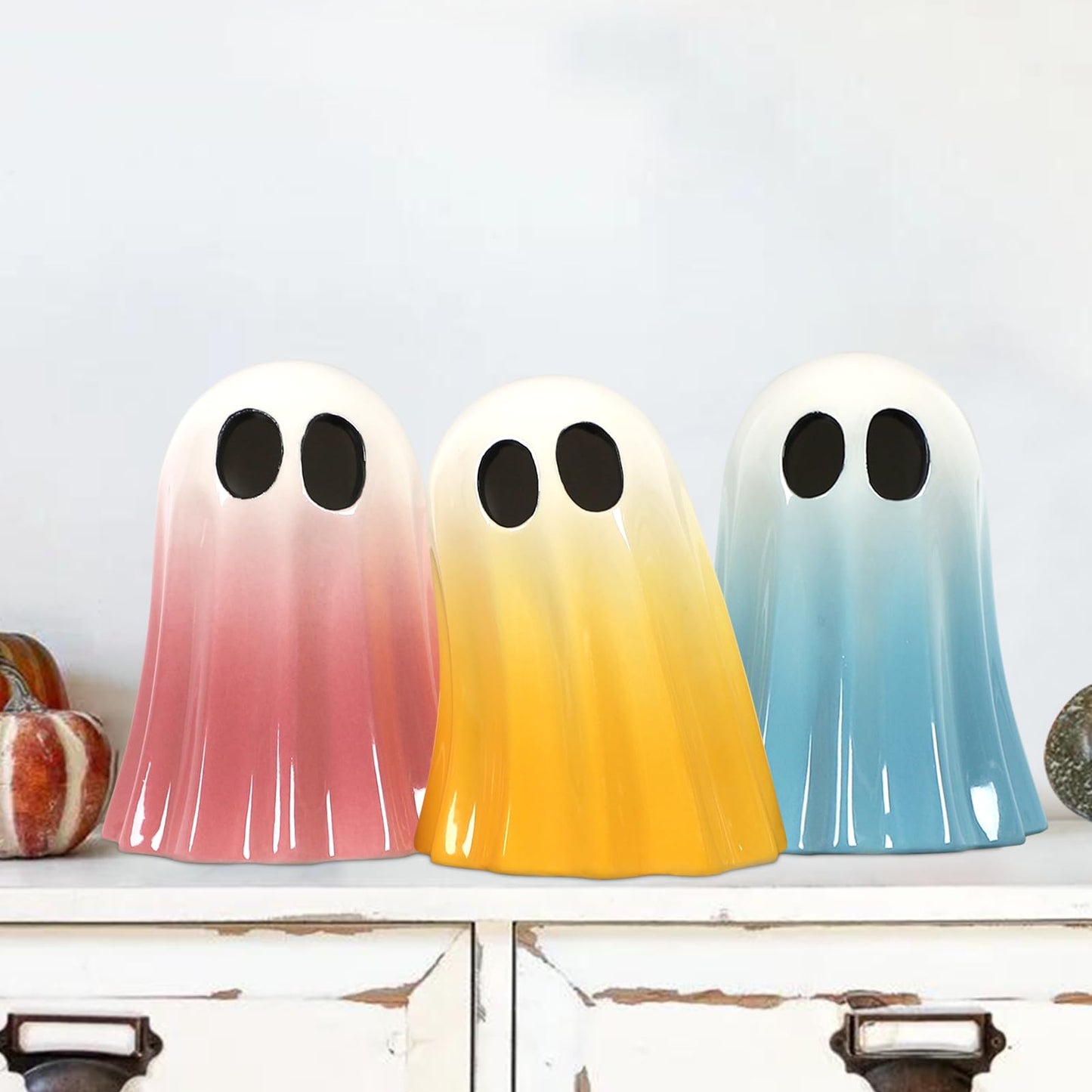 DAZONGE Halloween Ghost Decorations Indoor, Set of 3 Ceramic Spooky Figurines for Indoor Tabletop, Shelf, and Mantel Display