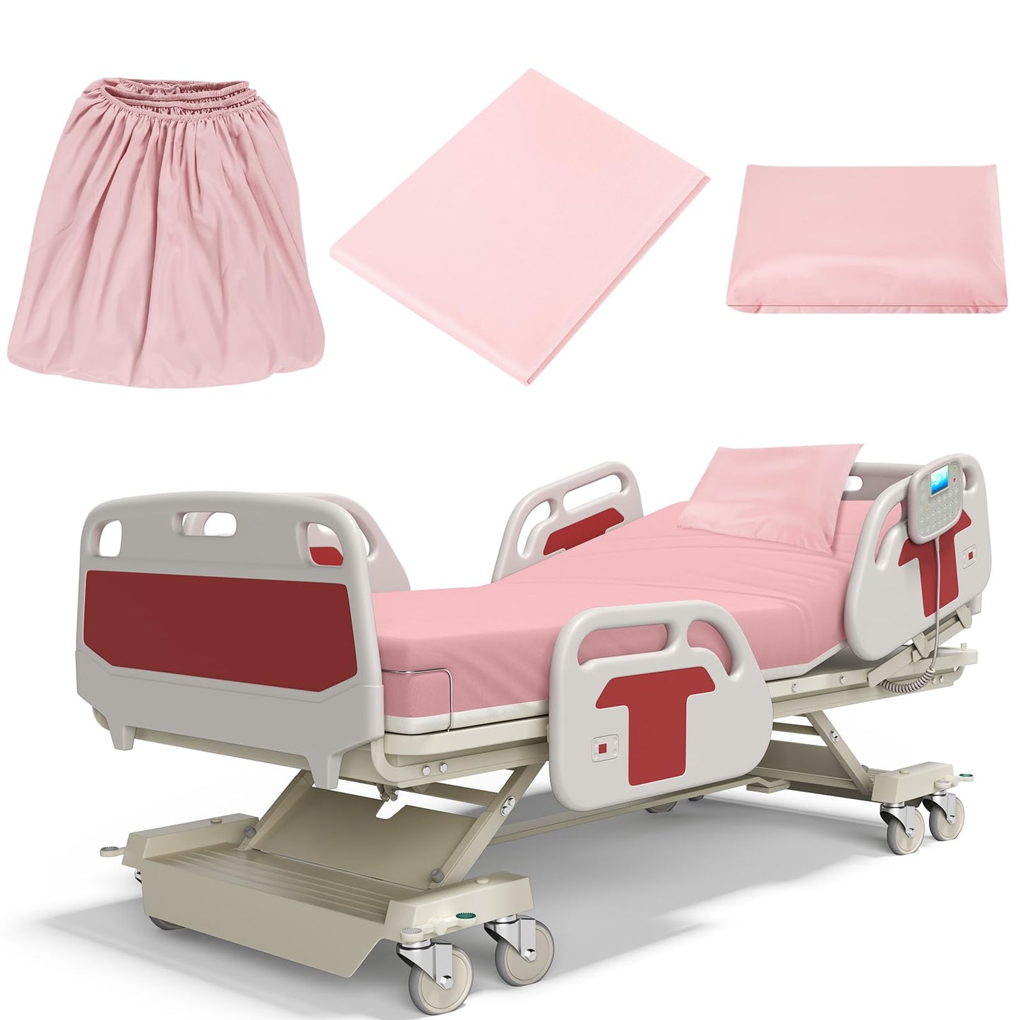 Moukeren 3 Pcs Hospital Bed Sheets for Home Use Extra Long Hospital Bed Fitted Sheets Sets 36 x 84 x 14 Inches Included Quilt Cover and Pillow Case (Pink)