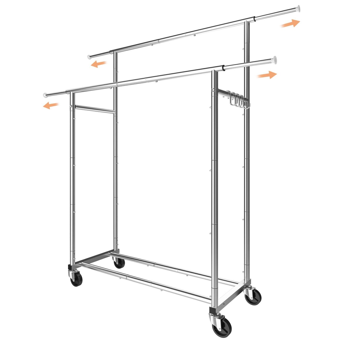 Simple Trending Double Rod Clothing Garment Rack, Rolling Clothes Organizer on Wheels for Hanging Clothes,with 4 hooks, Chrome