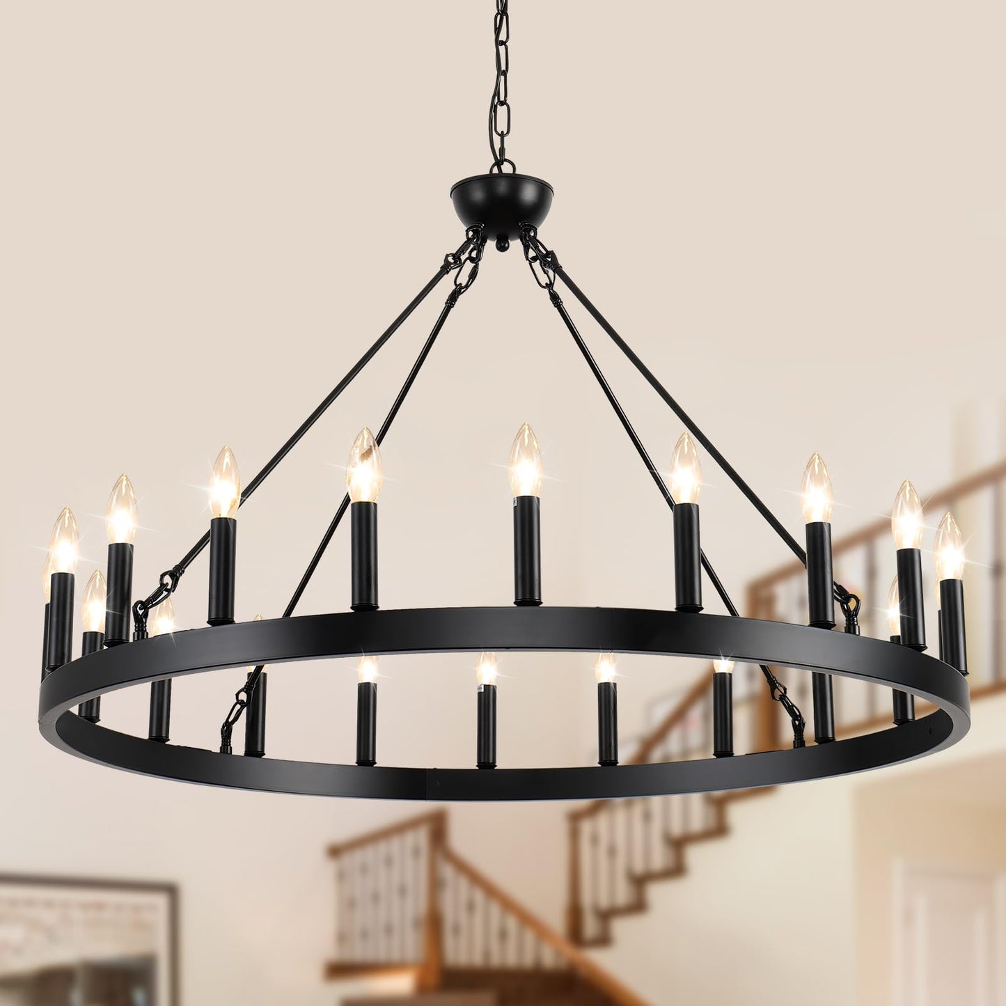 VBKK Wagon Wheel Chandeliers 40" 20-Light, Black Modern Farmhouse Chandelier with Adjustable Height, Hanging Island Light Fixture for Dining Living Ceiling Room Outdoor