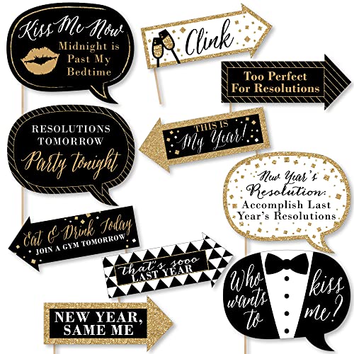 Big Dot of Happiness Funny New Year's Eve Photo Booth Props Kit, 10-Piece, Black & Gold, Cardstock & Wood