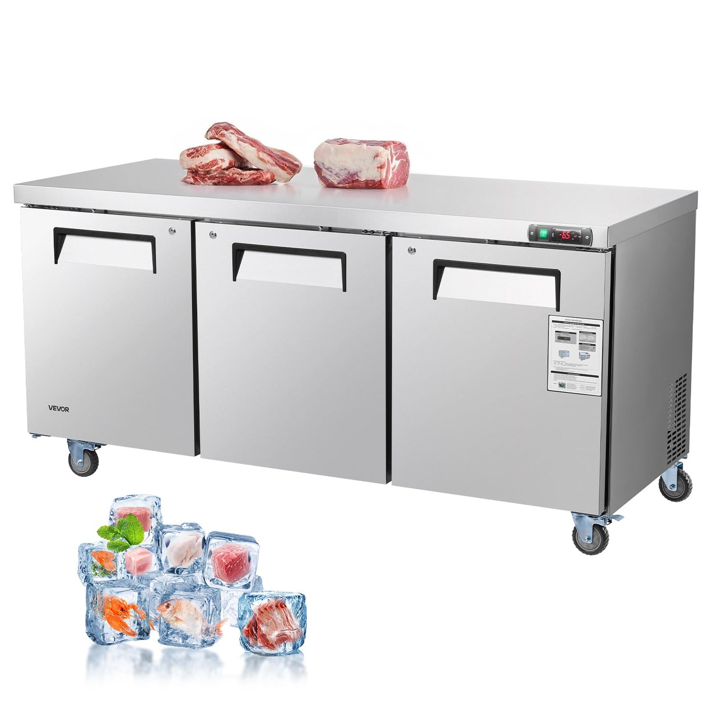 Vevor 72 W Commercial Freezer, 17.7 Cu.Ft Worktop Freezers Undercounter With Led Auto Lighting And Lockable Door, 3 Doors Food F