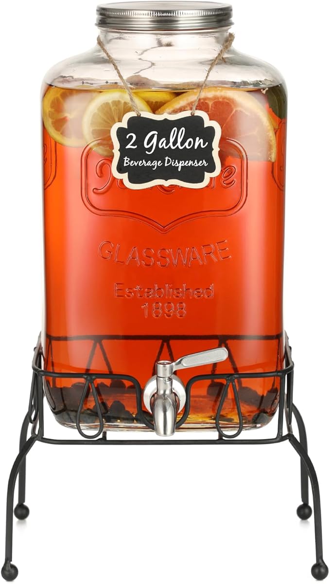 2 Gallon Glass Drink Dispenser with Stand, Stainless Steel Leakproof Spigot and Lid, Glass Drink Dispensers for Parties, W...