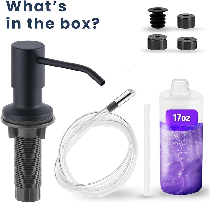 SBEN Built-in Kitchen Sink Soap Dispenser – Stainless Steel Pump, 17 oz Bottle and Extension Tube Kit 47", Upgraded Metal Check Valve, Countertop Hand Soap & Lotion Dispenser (Matte Black)