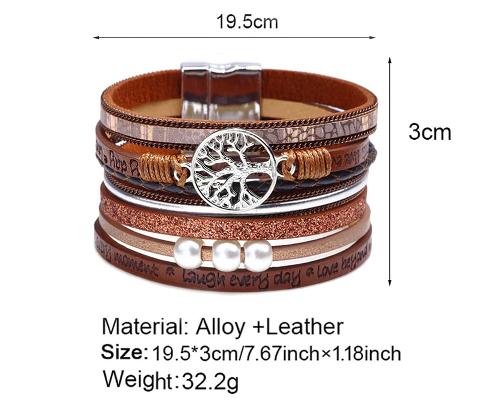 Fesciory Leather Wrap Bracelets for Women, Boho Leopard Multi-Layer Crystal Beads Cuff Bracelet Jewelry (Tree of Life(Brown))