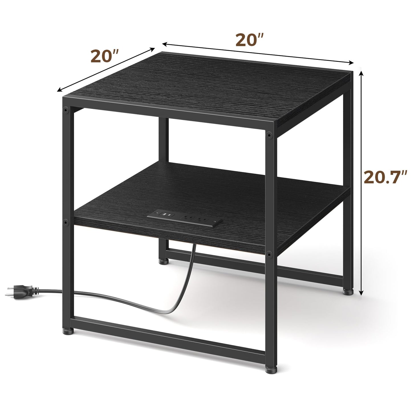 Tatub 20" End Table with Charging Station, Industrial Square Side Table with USB Ports & Outlets, Versatile 2-Tier Small Nightstand for Bedroom Living Room, Black