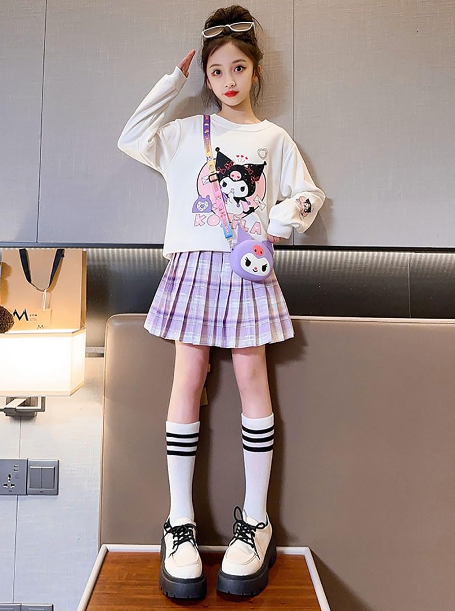 Satdflie Girls 3 Piece Outfits Cartoon Crewneck Long Sleeve Pullover Sweatshirt + Plaid Pleated Mini Skirt + Bag Sets, Purple, M