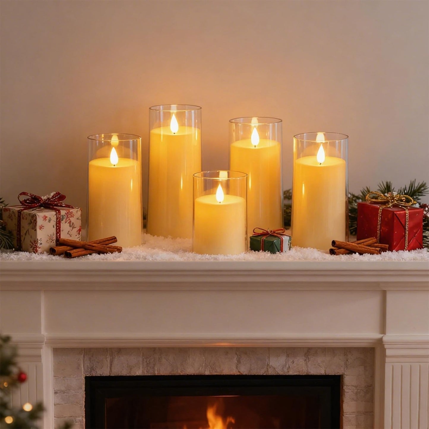 Fo32won Ivory White LED Flameless Pillar Candles Battery Operated with Remote and Timer, Pack of 5 (D 3"×H 4" 5" 6" 8" 8") Decorative Acrylic Flickering Candles with 3D Flame