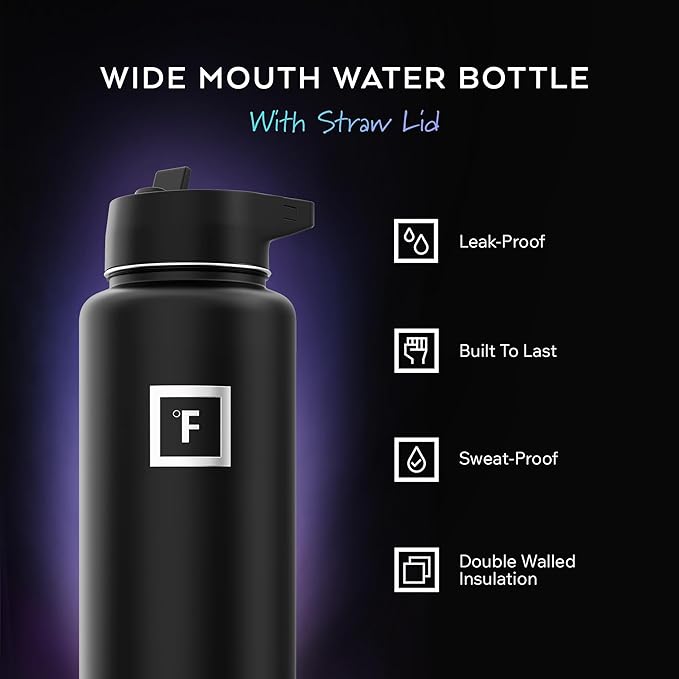 IRON °FLASK Camping & Hiking Hydration Flask with Straw, Wide Mouth Insulated Stainless Steel Sports Water Bottle - 40 oz Midnight Black