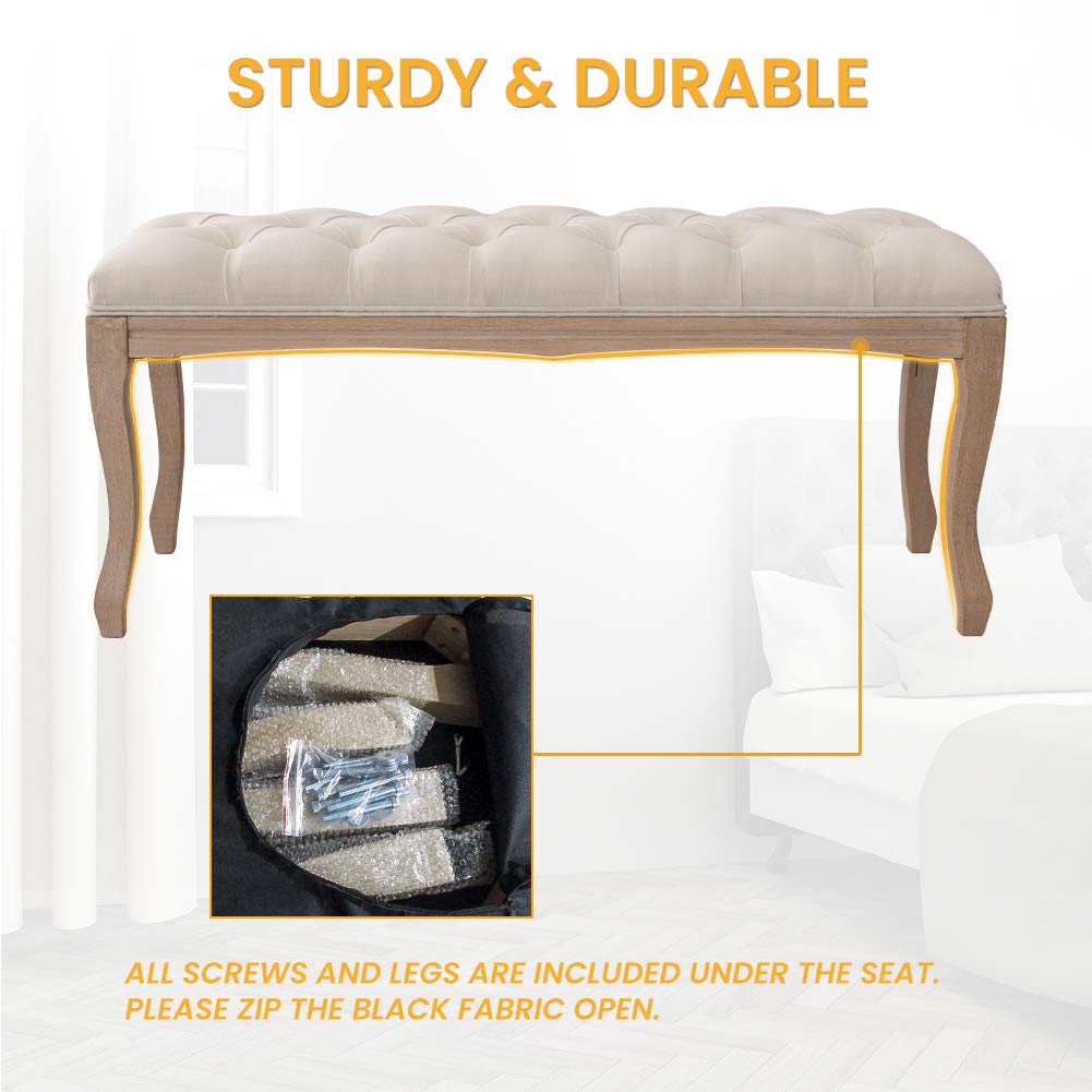 Crestlive Products Upholstered Tufted Bench, Wood Bed Ottoman Middle Century Modern Rectangular Footrest for Bedroom Entryway Channel (Beige)