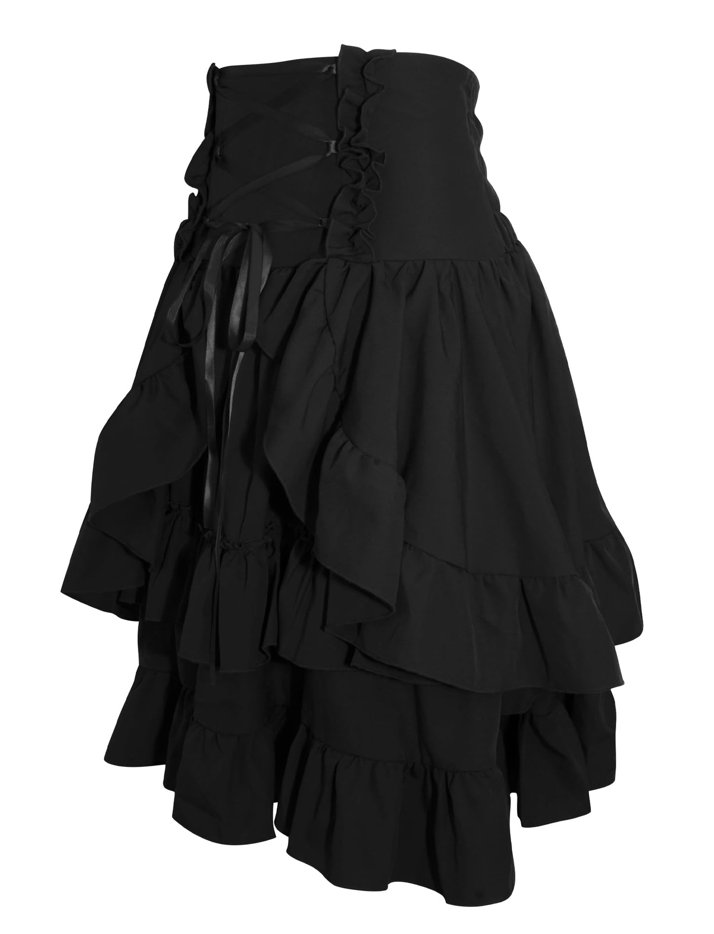 FEOYA Women Steampunk Gothic Retro High Low Ruffle Renaissance Skirt Victorian Cosplay Costume Pirate Bustle for Theme Party Halloween Black S