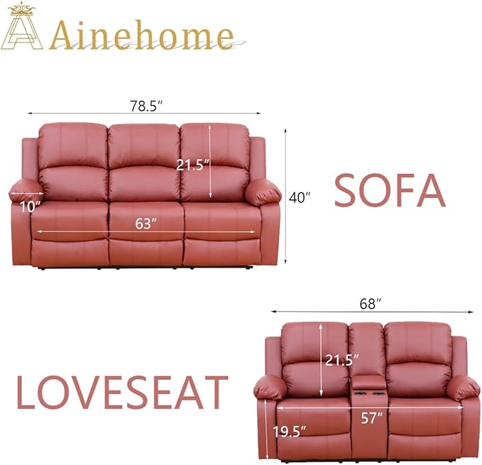 A Ainehome Living Room Furniture Set Leather Recliner Sofa Set Loveseat Chair Furniture Sofa Set for Living Room/Small Space/Rv/House/Office/Theater Seating (A-Red Leather, Sofa+Loveseat)
