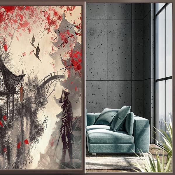 Vintage Japanese Samurai Air Window Film Watercolor Ink Ancient Cherry Blossom Red Sunblackout Window Film,Playroom Window Film 23.6Wx78.7L-Inch X1Pcs