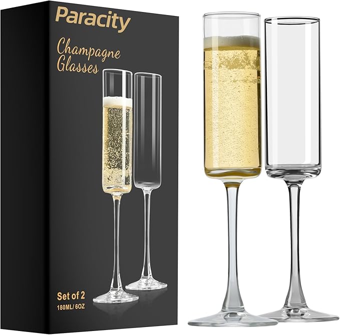 PARACITY Champagne Flutes, Champagne Glasses Set of 2, Elegant 6oz Glass Champagne Flutes, Gift for Birthday, Wedding, Chr...
