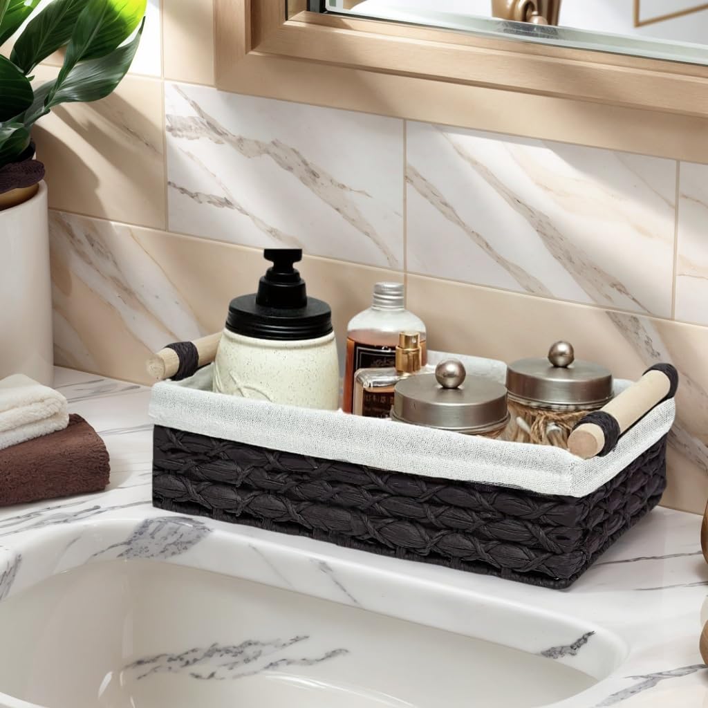 Rattanzenith Set of 2 Handwoven Wicker Storage Baskets with Handles – Small Decorative Organizer Bins for Bathroom, Toilet Tank, Countertop, Toilet Paper Storage, Makeup, Shelf & Home Essentials