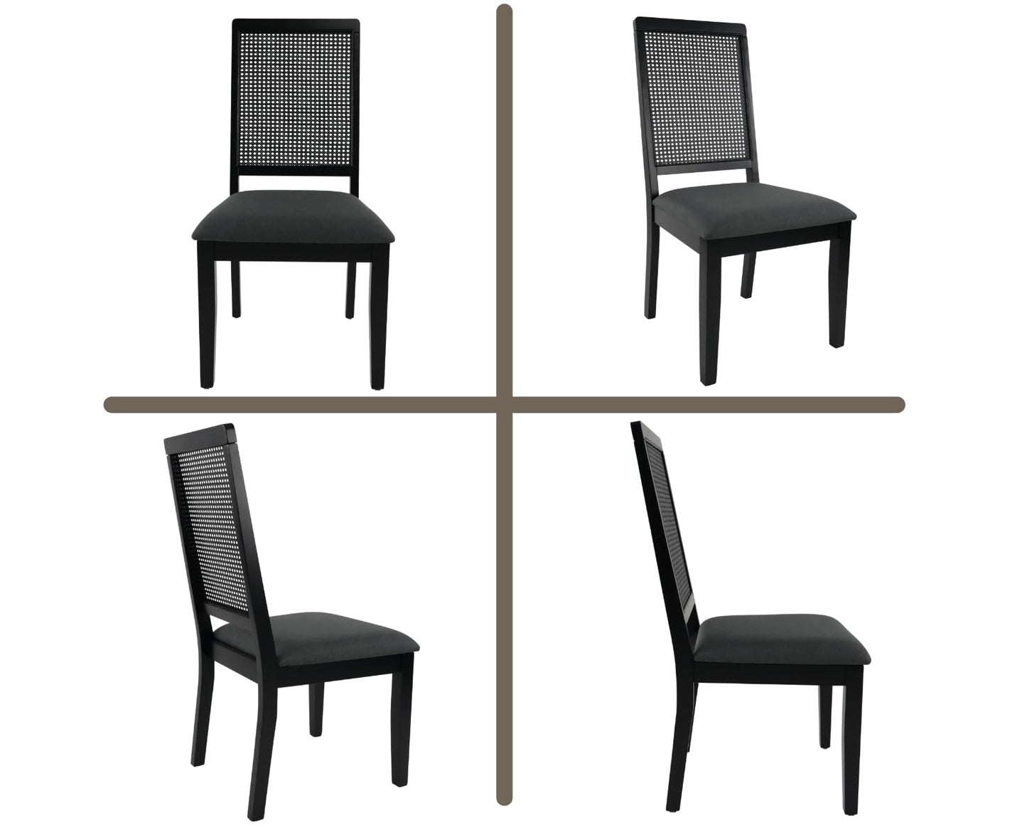 chairus Dining Chairs Set of 2, Armless Kitchen & Dining Room Chairs with High Rattan Back Upholstered Side Chairs with Sturdy Black Wood Frame for Restaurant, Living Room, Linen Grey