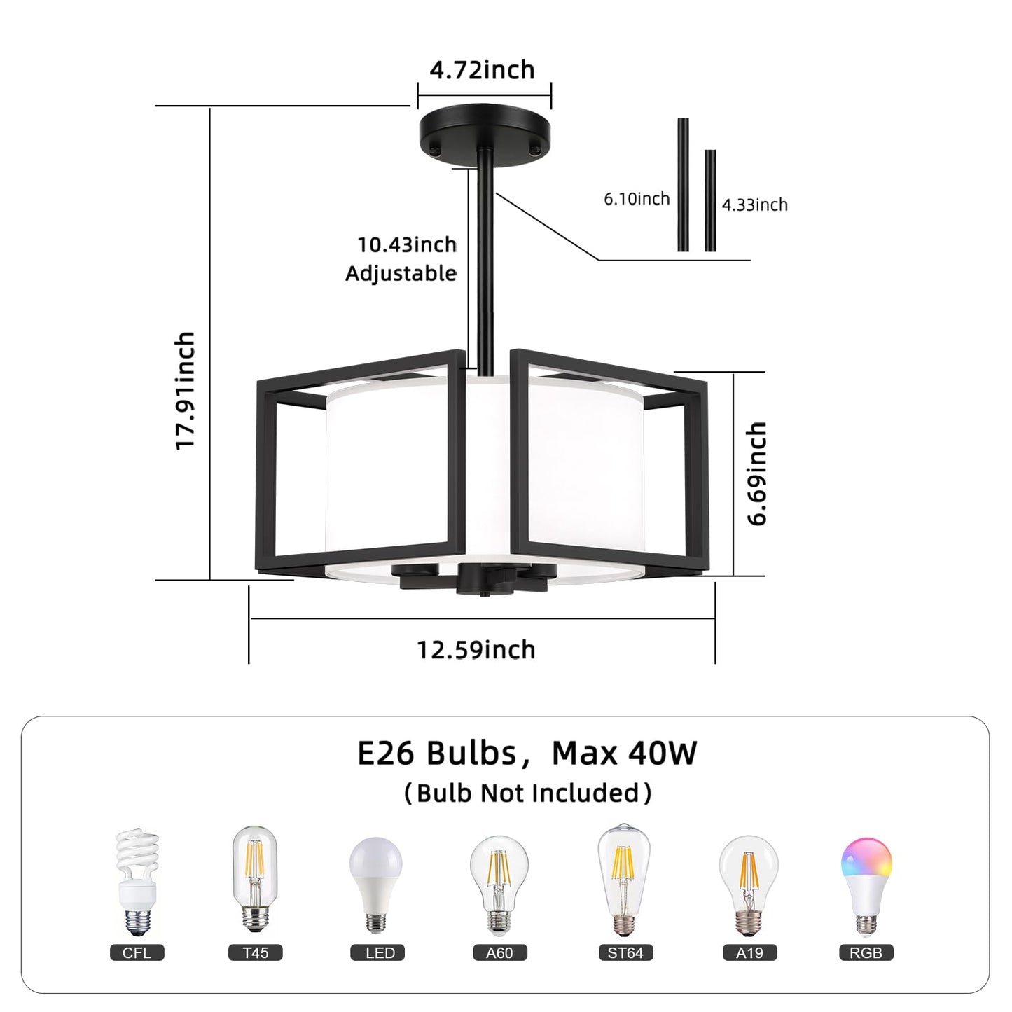 Modern Ceiling Light Fixture - Easric Semi Flush Mount Ceiling Light Industrial Light Fixtures Ceiling Mount with Fabric Shade Black Metal Frame Drum Ceiling Lights for Bedroom,Hallway,Kitchen