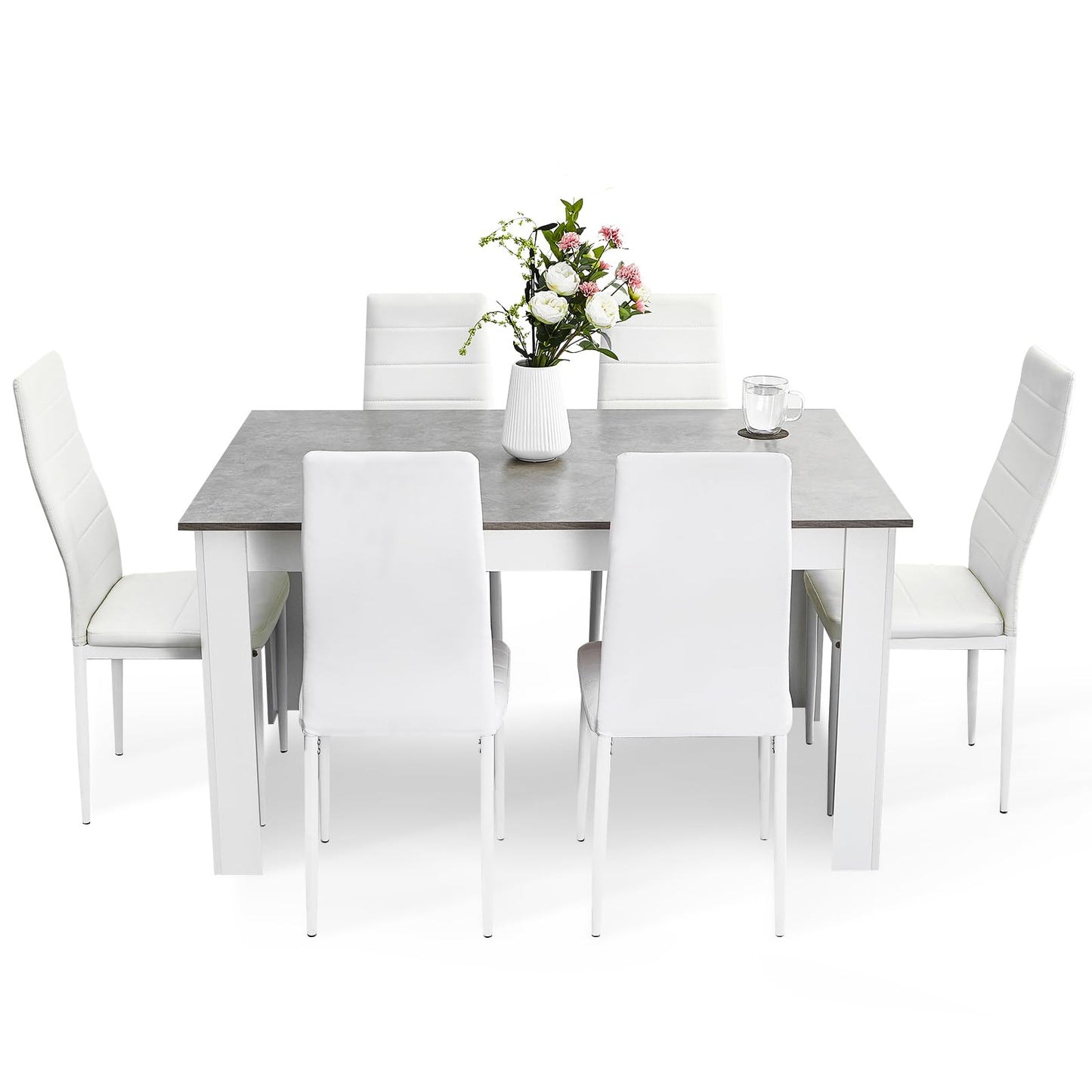 Mondeer Dining Table and Chairs Set 6, 7 Pieces Kitchen Table Set with High Back Faux Leather Chair for Dining Room Kitchen Rectangular Modern (Grey Table White Chairs)