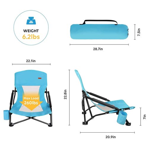 TOBTOS Low Beach Chair, Beach Chairs for Adults 2 Pack, Low Profile Folding with Cup Holder & Carry Bag, Heavy Duty Chair for Outdoor Sand, Camping, Concert, Travel