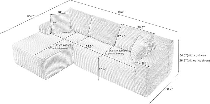 Vanress Cloud Couch Sectional, Corduroy Boneless Couch with L-Shape Chaise, Modern Modular Sectional Sofa Comfy Deep Seat for Living Room, Bedroom, No Assembly (White, Left Facing Chaise)