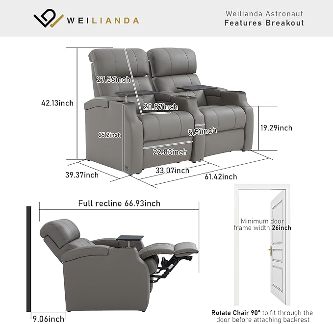 Weilianda Home Theater Seating, Top Grain Leather Sectional Seats Recliner Chair, Zero Gravity Reclining Sofa with Power Headrest 7 Colors Ambient Lighting USB C Charge Row of 2 Grey