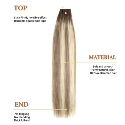 Lovrio Tape in Hair Extensions Human Hair Blonde Hair Extensions Tape ins Highlight Walnut Brown Roots to Light Chestnut Brown with Bleach Blonde #R3-8-613 Blonde Tape in Hair 18in 50G/20pcs