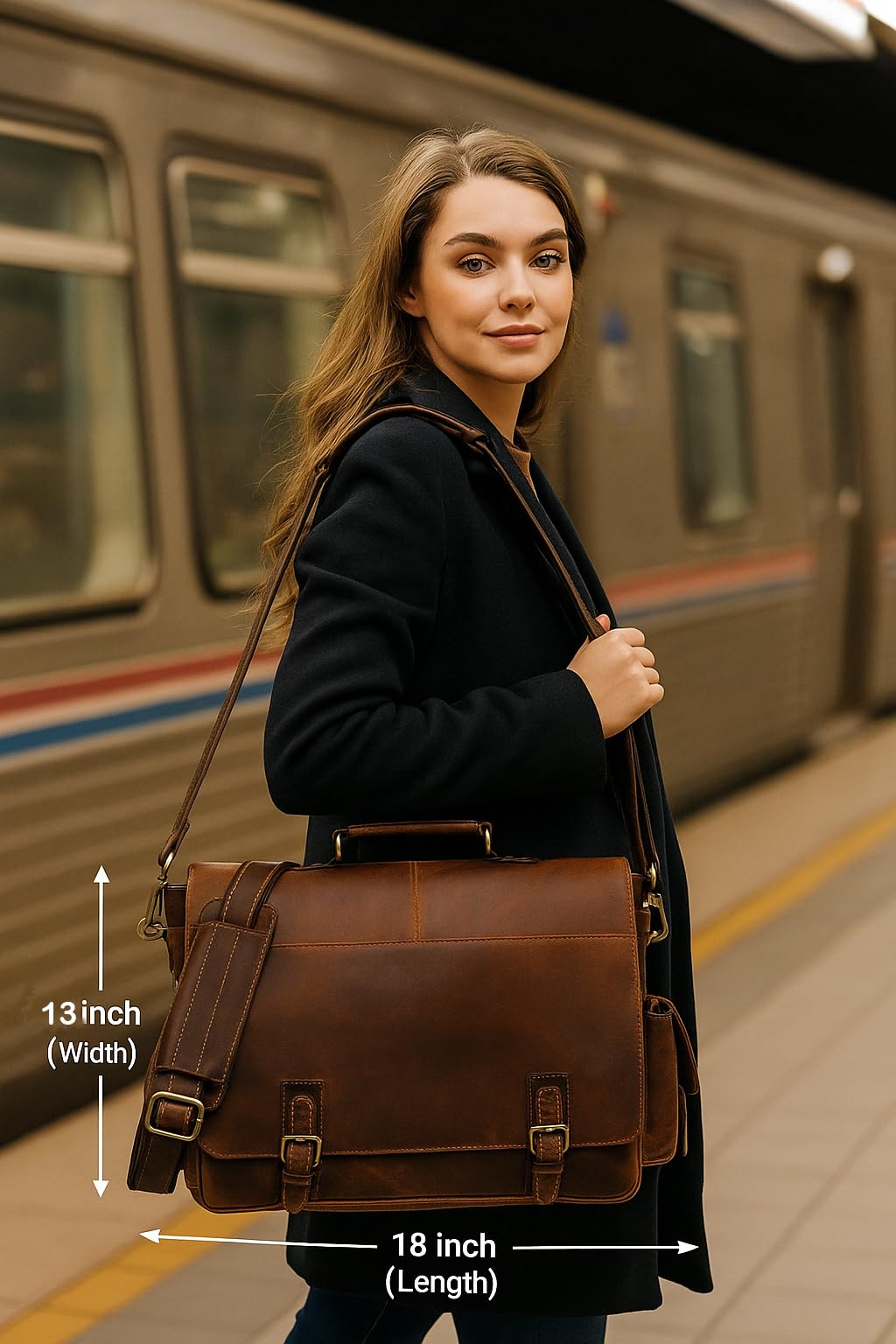 18-Inch Brown Premium Leather Messenger Bag for Men & Women - Briefcase, Camera & Laptop, Crossbaody, Handbag, Shoulder, Travel Bag