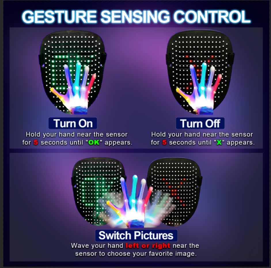 LED-Mask Gloves Halloween-Costumes For Men Adult Teen 2025, Gesture Sensing Rechargeable Light Up Face Cosplay Glow in Dark, Purge Terrifier Scary Cool Birthday Gifts For Kids Boys Girls Age 8 9 10+
