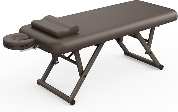 pouseayar Adjustable Massage Table with Face Pillow & Headrest, Sturdy and Solid, Silent and Easy to Adjust - Fixed Backrest, Brown