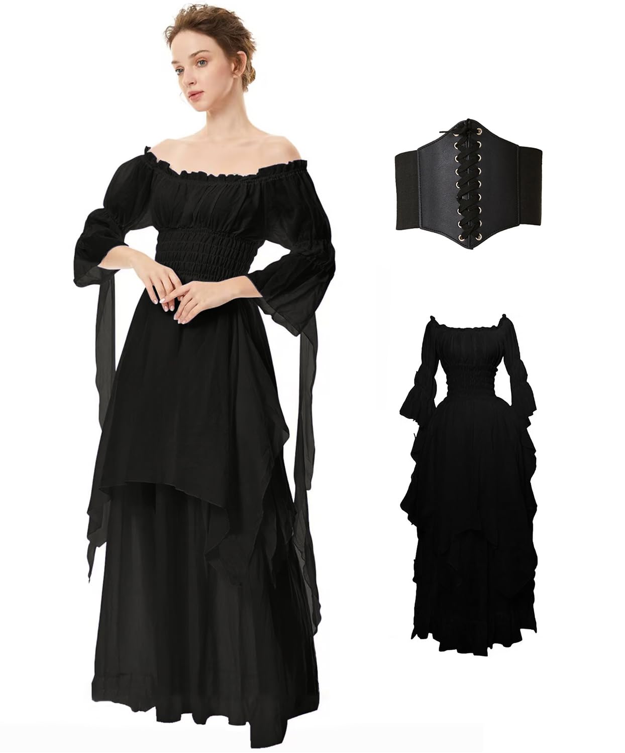 BITSEACOCO Women Medieval Victorian Off Shoulder Dress, Gothic Puff Sleeve Irish Chemise Dresses, Renaissance Costume High Low Long Skirts (S, Black)