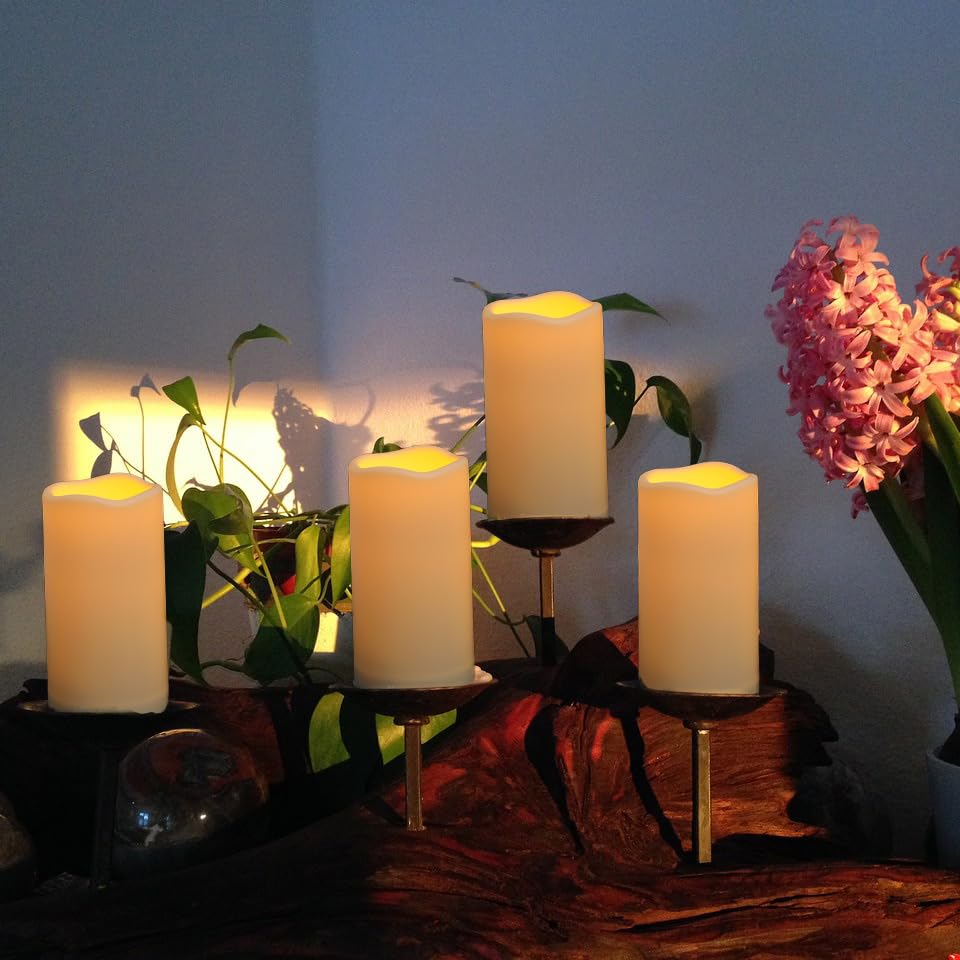 Biyanuo 9PACK Outdoor Plastic flameless Candles with Remote Control and Timer, LED Flickering Battery Operated Electric Pillar Candles (D3 xH5.5) for Camping, Weddings, Home Decoration