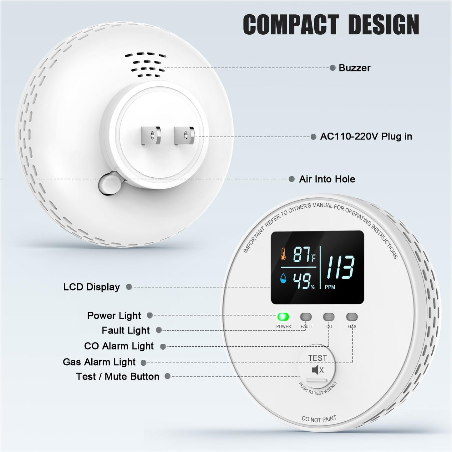 4-in-1 Carbon Monoxide Detectors Plug in, Combination Natural Gas Detector & Carbon Monoxide Detector with HD Digital Display, Monitors CO, Gas, Temp, Humidity - Home Safety for House, RV, Apartment