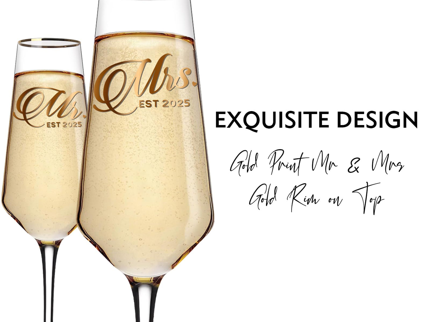 comfit Mr and Mrs Champagne Glasses Set of 2, Long Stem Wedding Champagne Flutes 2025, Bride and Groom Toasting Crystal Glass Set,Engagement Gifts for Couples, Newlyweds, Anniversary,8.5oz