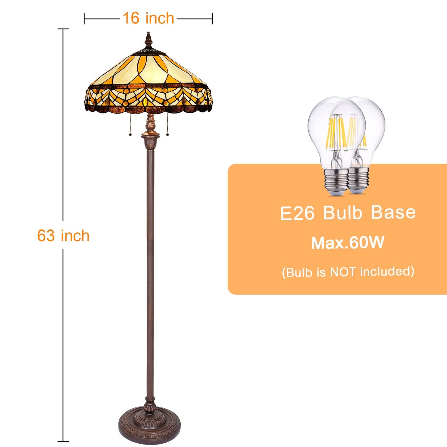 Capulina Tiffany Floor Lamp Amber Melody Antique Style Stained Glass Standing Reading Light 2-Light 16X16X66 Inches for Living Room Bedroom Home Office