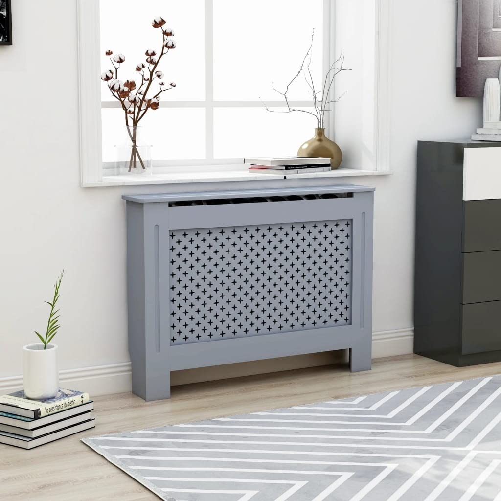 vidaXL Radiator Cover Anthracite, MDF with Water Base Lacquer Finish, Accommodates 44.1" x 7.5" x 32.1" Radiator Size, Modern Slatted Design