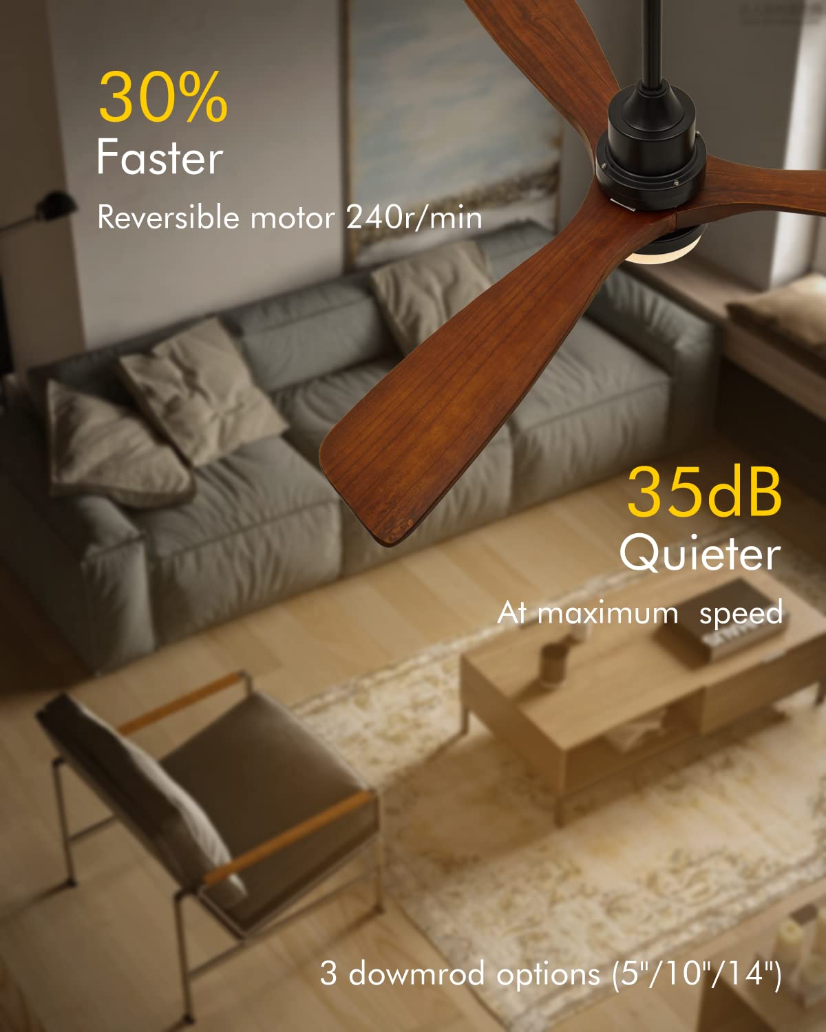 Chriari Modern Ceiling Fans with Lights, 3 Wood Fan Blades, 52" Black with Remote Control, Noiseless Reversible DC Motor for Bedroom/Living Room/Study/Patio