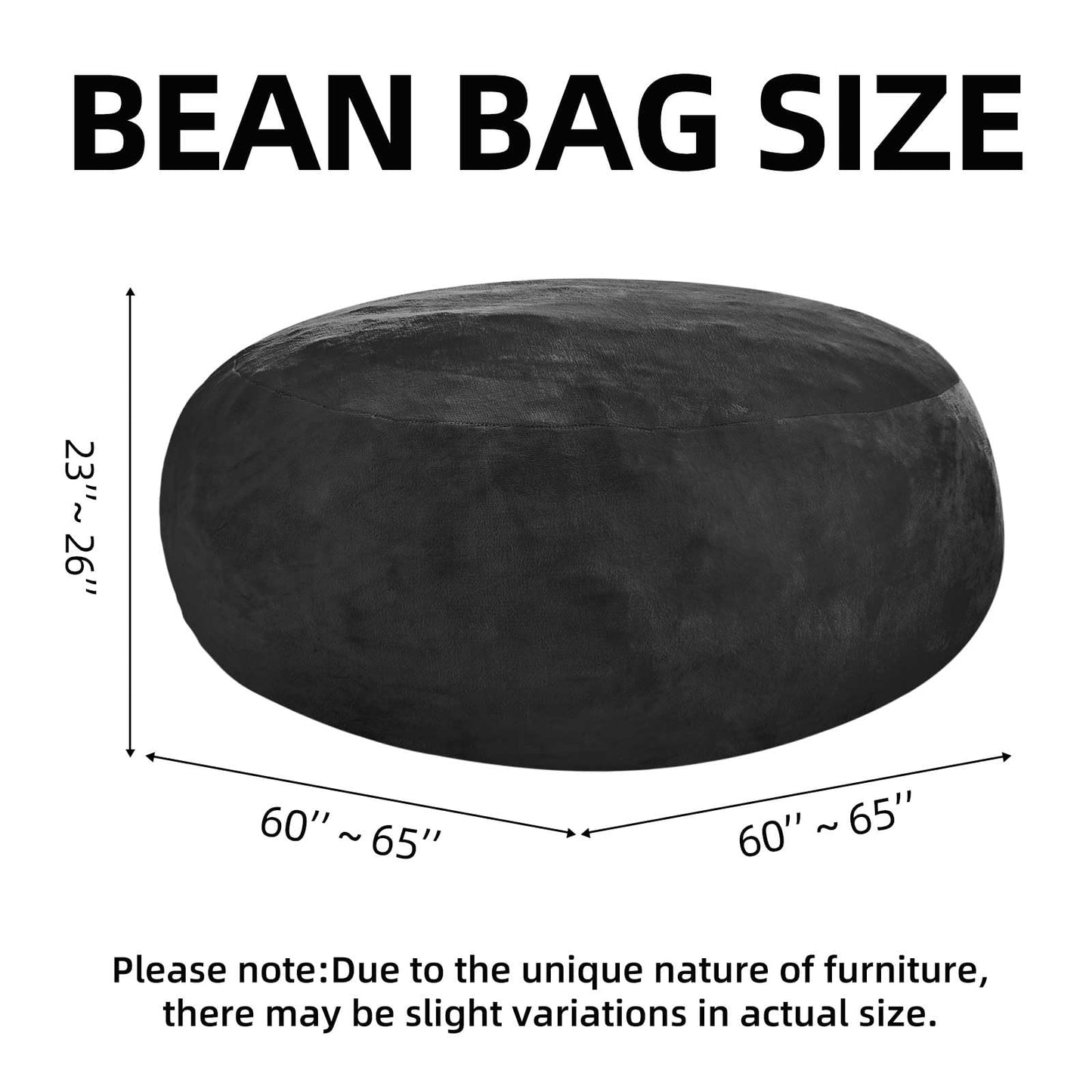 Bean Bag Chair 5Ft, Memory Foam Filled, Large Beanbag Chairs for Adults and Teens, Soft Sofa with Removable Flannel Cover, Round Couch for Living Room Bedroom College Dorm (Black, 5FT-60×60"×24")