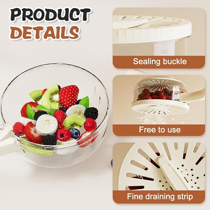 Multi-Functional Fruit and Vegetable Washing Bowl, Fruit Strainer Container with Lid, 2 In 1 Sealed Drainer Basket, Drainer and Freshness Basket, Kitchen Tool with Foldable Handle (Brown 2pcs)