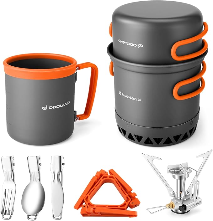 Odoland Camping Pots with Heat Exchanger Camping Cooking Set with Portable Camping Stove Camping Mess Kit Include Mug, Fol...