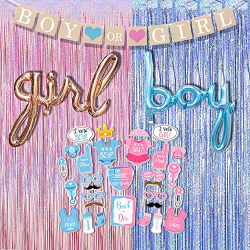 Baby Shower Photo Booth Props Gender Reveal Backdrop Baby Gender Reveal Party Supplies Boy or Girl Banner Boy Girl Foil Ba...
