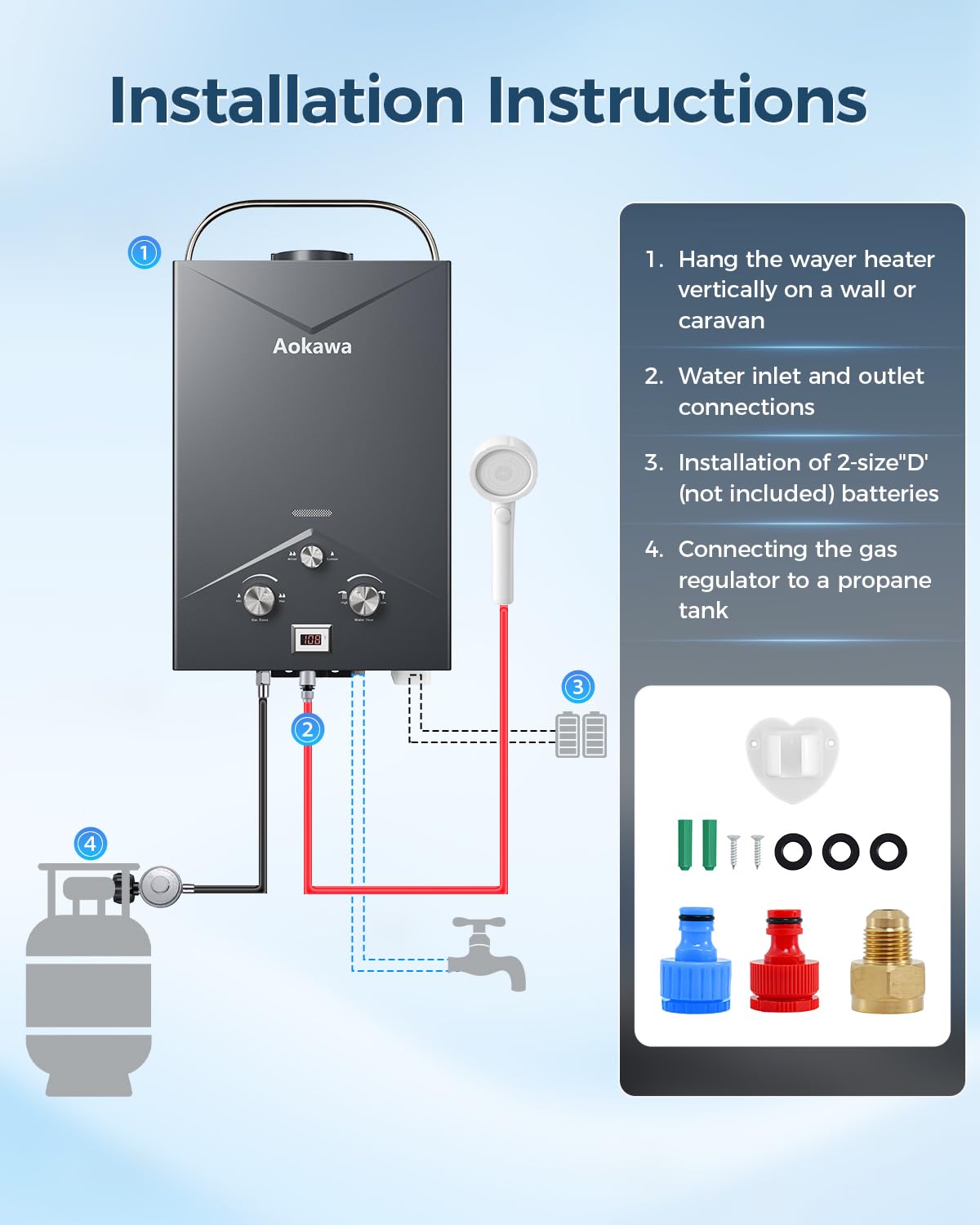 Aokawa Portable Propane Tankless Water Heater, 1.78 GPM On-Demand Hot Water Heater with Shower Head, Outdoor Camping RV Cabin Use, Propane Gas Instant Hot Water, Overheat & Anti-Freeze Protection
