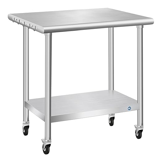 PIUMACU Stainless Steel Table with Wheels, Stainless Table for Prep & Work, 24x30x35 Inch Commercial NSF Metal Table for Restaurant Kitchen Hotel Garage