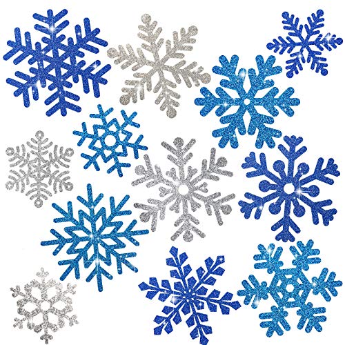 Whaline Snowflake Cut-Outs 48Pcs Glitter Blue Silver Snowflake Cutouts Double-Sided Holiday Cut-Outs with Glue Point for W...