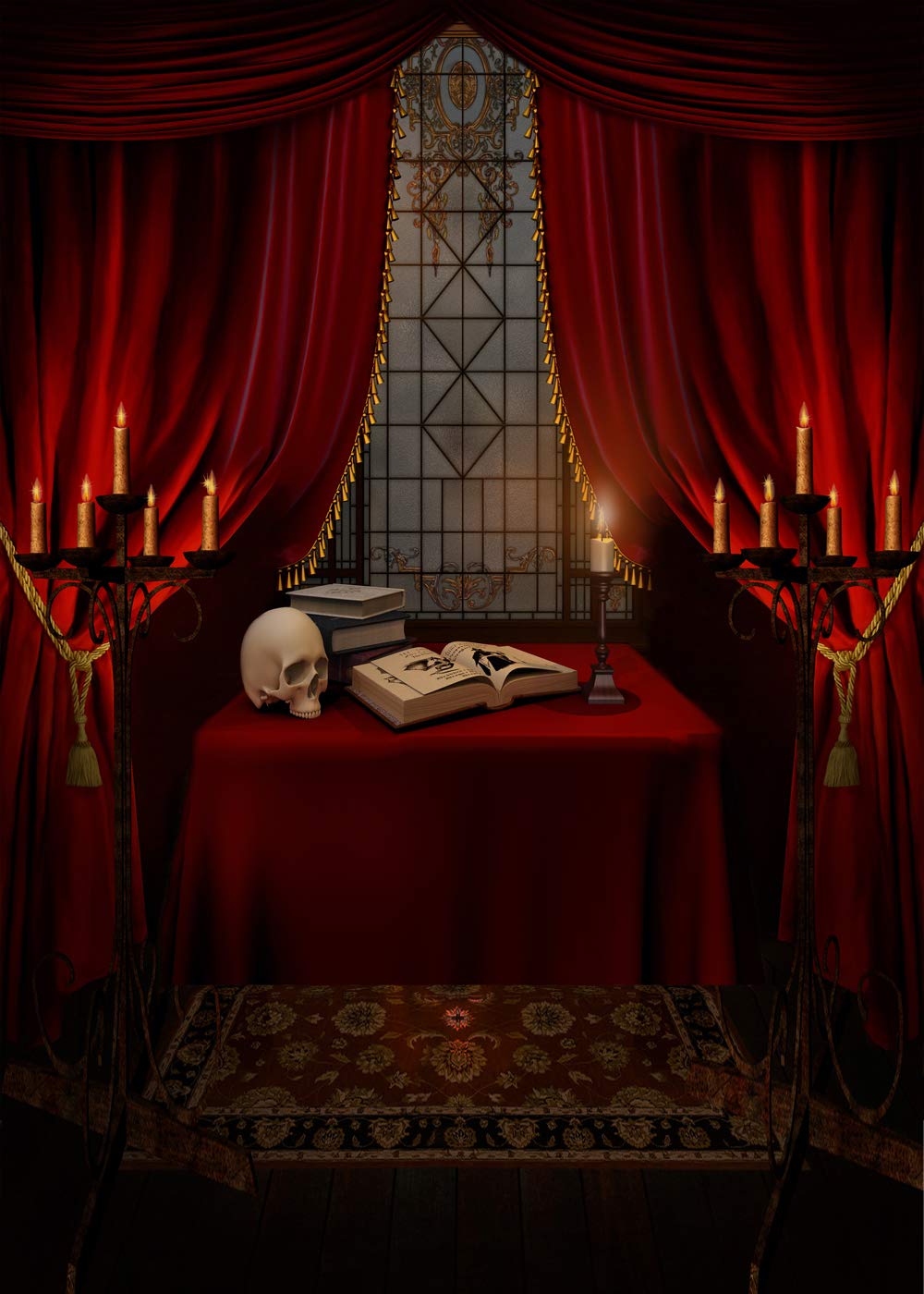 CapiSco 5X7FT Halloween Backdrop Nightmare Before Christmas Backgrounds for Baby Shower Portrait Indoor Night Antique Study Red Curtain Terror Skull Photo Studio Backdrop Party Decorations SCO87