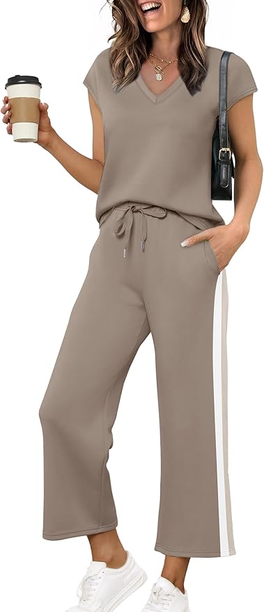 Saloogoe Two Piece Sets for Women Summer Outfits Lounge Sets V Neck Tops Wide Leg Pants Woman Vacation Travel Outfits