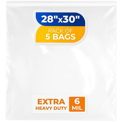 28" x 30" Extra Large Zip Seal Lock Bags, 6 Mil (Pack of 5) – Heavy-Duty Reclosable Plastic Bags – Clear, Resealable, Waterproof – For Storing and Organizing Clothes, Jewelry, and Travel