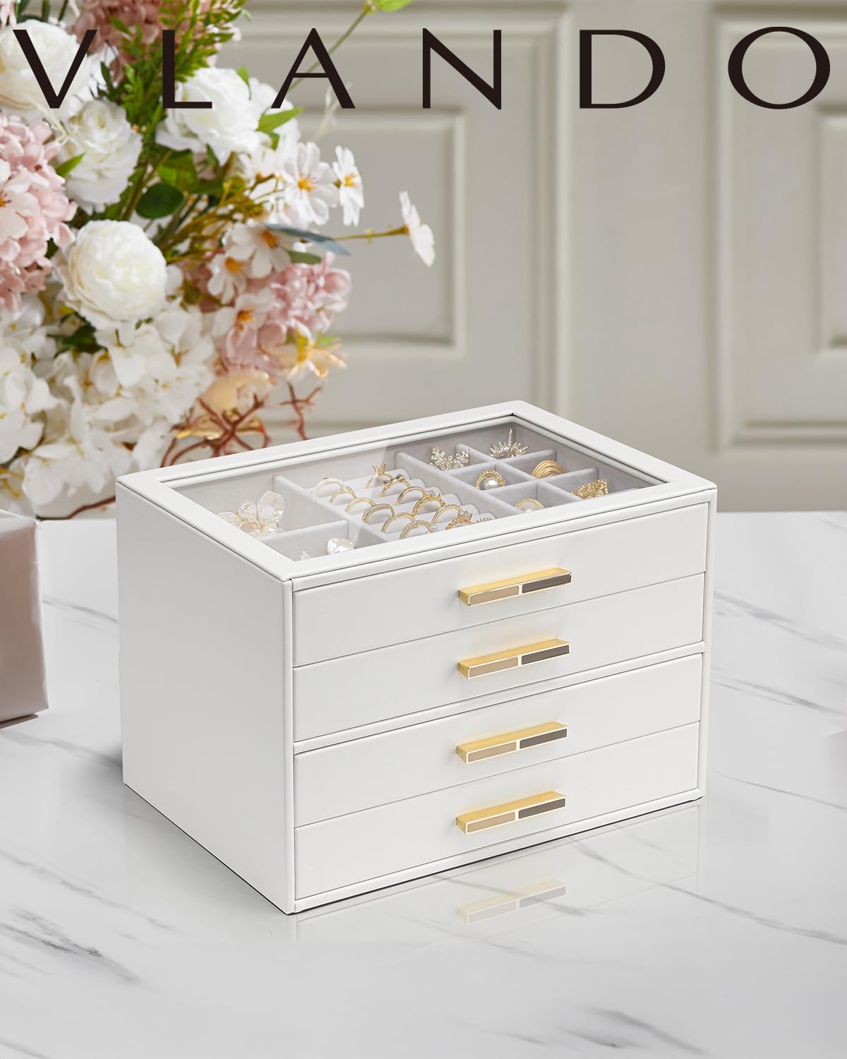 Vlando Jewelry Box for Women, Glass Lid Jewelry Organizer with 4 Drawers for Necklaces Rings Earrings Bracelets Christmas Gift - White