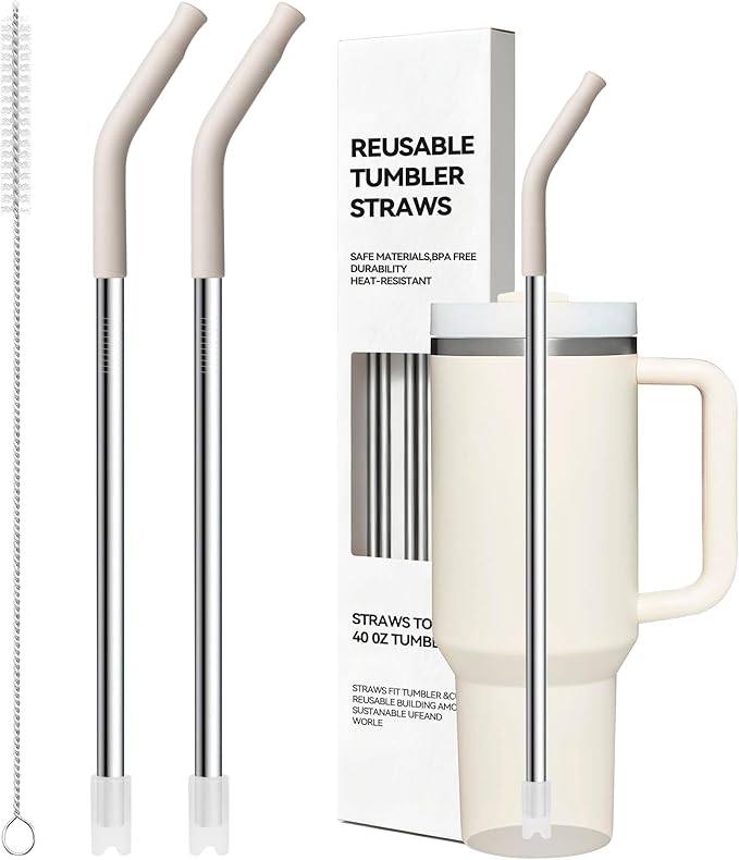 12.2'' Long Metal Straws With Silicone Tip For Stanley 40 oz Tumbler,Stainless Steel Straws Replacement for Stanley Quencher 40oz Cups,Reusable Dishwasher Safe Fit Simple Modern 40oz Big Mugs& Jar